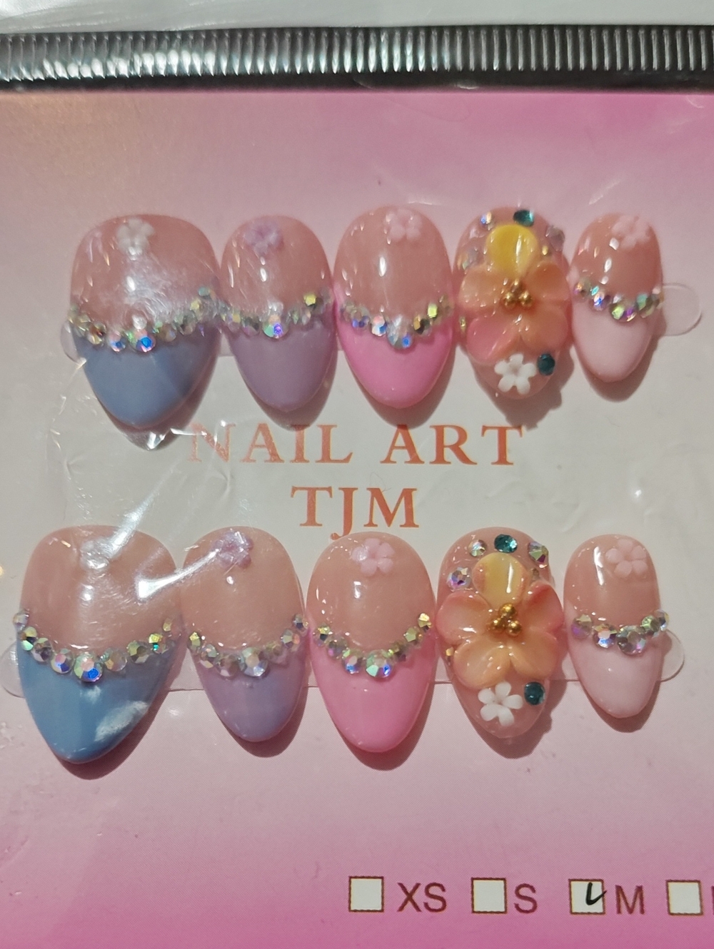 Kids Floral Rhinestone Press-On Nails - Pink, Purple & Blue